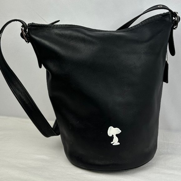 Coach Handbags - 502. LE Coach Snoopy Peanuts Black Leather Bucket Bag Woodstock, Sally, Yellow